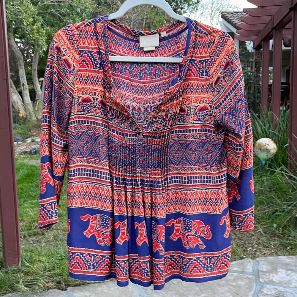 🌺 Vanessa Virginia for Anthropologie Blur/Orange Elephant Design Shirt Fits S/M